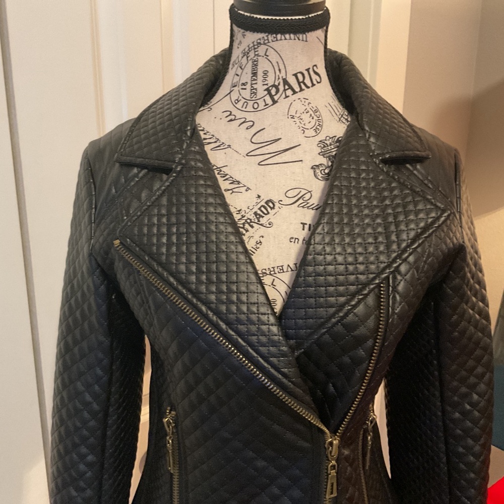 NWOT Bohme Faux Leather Quilted Black Bomber Jacket with Gold Zippers